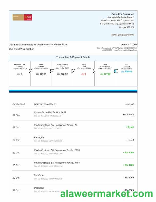 India Aditya Birla Finance Ltd fake bank statement Word and PDF template, 3 pages